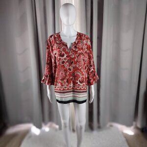 Ann Taylor Muted Red Clay Paisley Patterned Cotton Blend Bell Sleeve Top Size XL